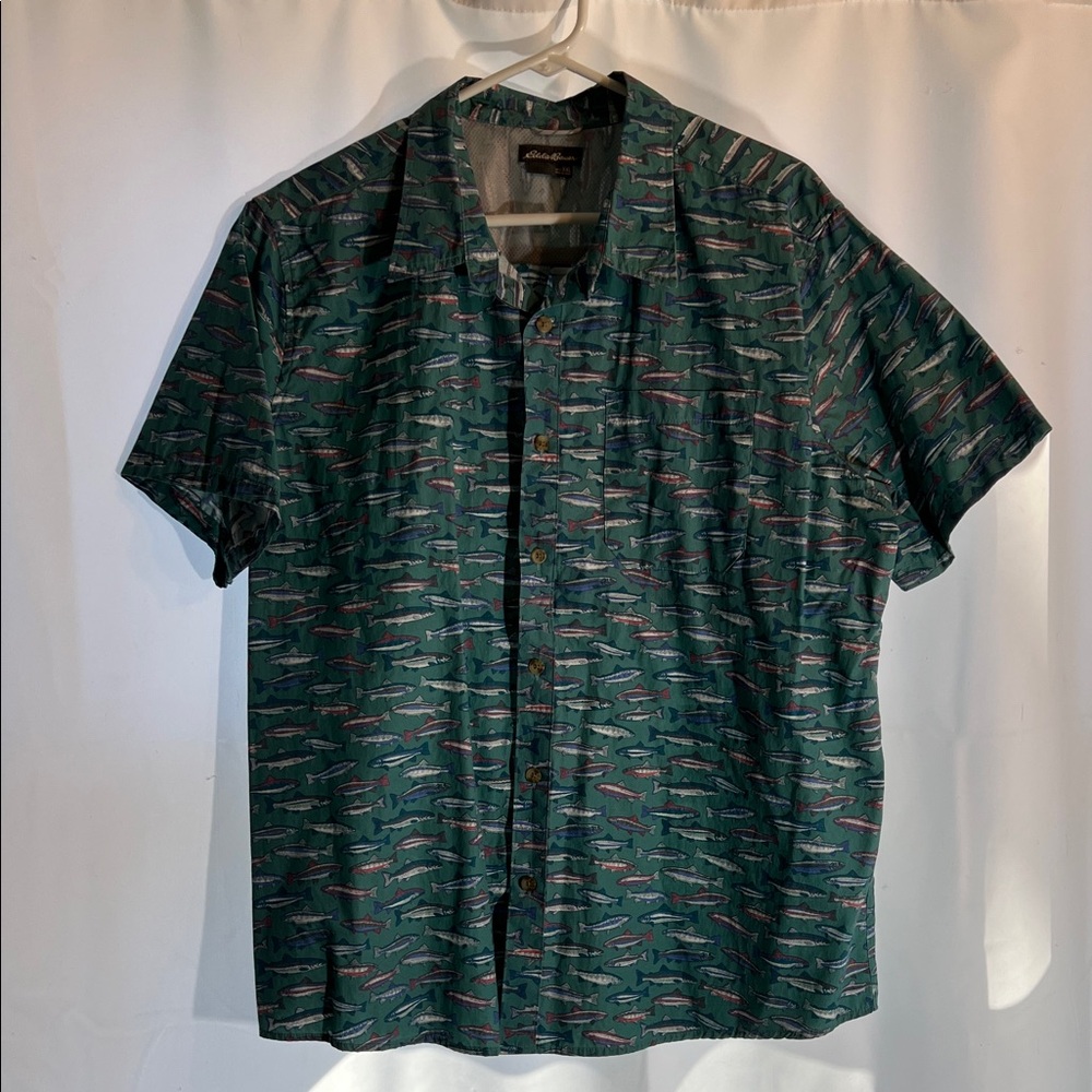 Eddie Bauer Teal Green Short-Sleeve Fish Print Button-Up Shirt